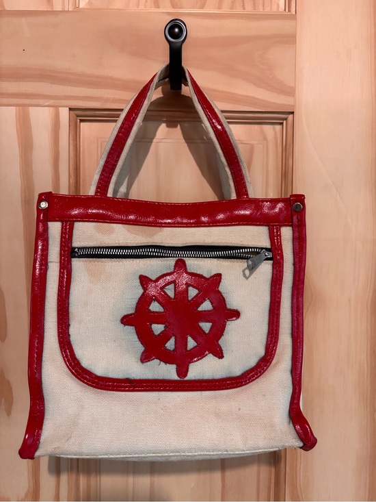 Handbags - Vintage Canvas Tote Bag with Red Trim and Nautical Wheel Accent